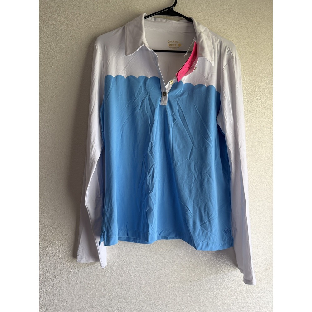 Lilly Pulitzer Luxletic Frida Scallop Polo Shirt Blue White LS UPF 50+ Large L